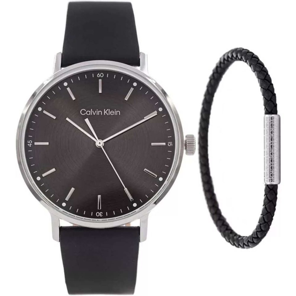 Calvin Klein Watch Bracelet Set Mens Leather Band Minimalist Gray Dial Black New